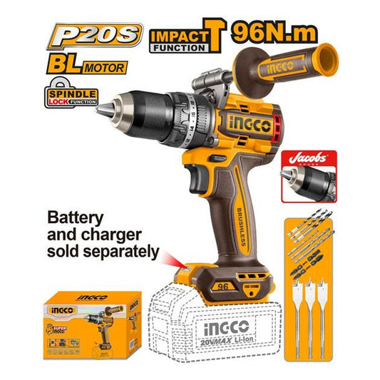 INGCO Cordless Impact Drill 20V Brushless 96Nm 13mm Jacobs Chuck Bare Tool with Accessories CIDLI209685