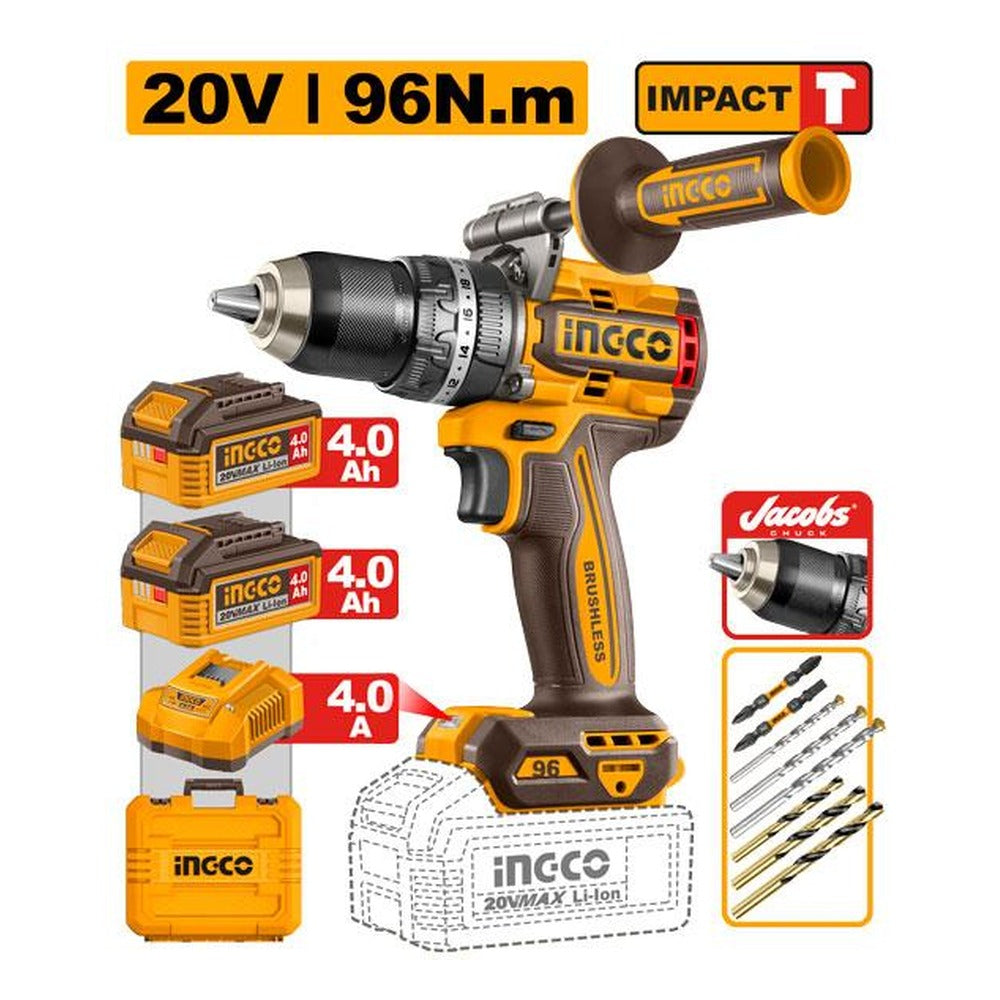 INGCO Cordless Impact Drill 20V Brushless 96Nm 13mm 2Batt 4Ah+Char CIDLI209688