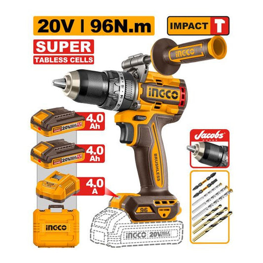 INGCO Cordless Impact Drill 20V Brushless 96Nm 13mm 2Batt 4Ah TC+Char CIDLI209689