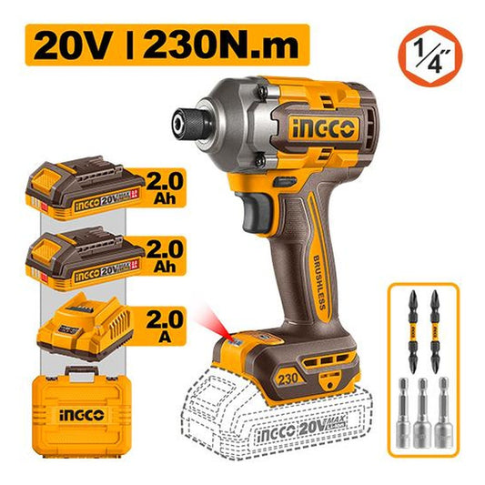 INGCO Cordless Impact Driver 20V Brushless 230Nm 1/4in Hex 2Batt 2Ah+Char CIRLI2023