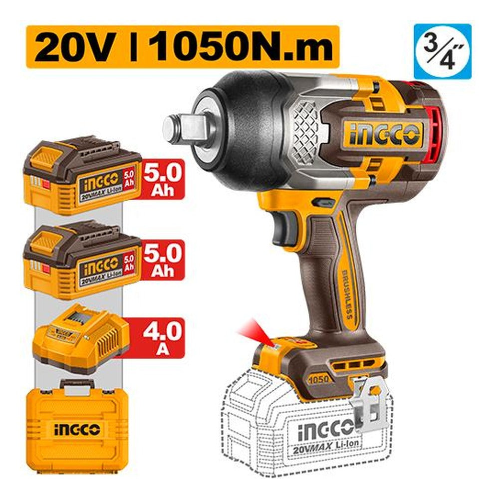 INGCO Cordless Impact Wrench 20V Brushless 1050Nm 3/4in 2Batt 5Ah+Char CIWLI201056