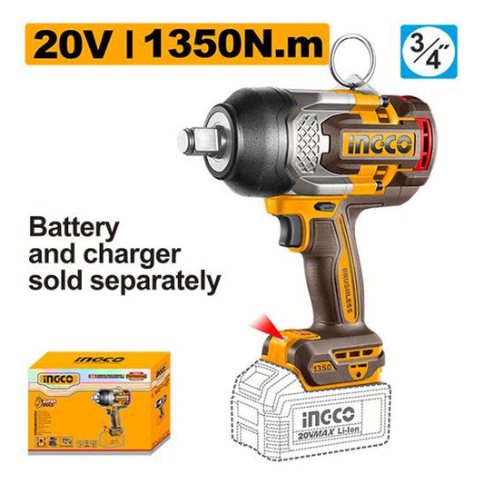 INGCO Cordless Impact Wrench 20V Brushless 1350Nm 3/4in Bare Tool CIWLI201355