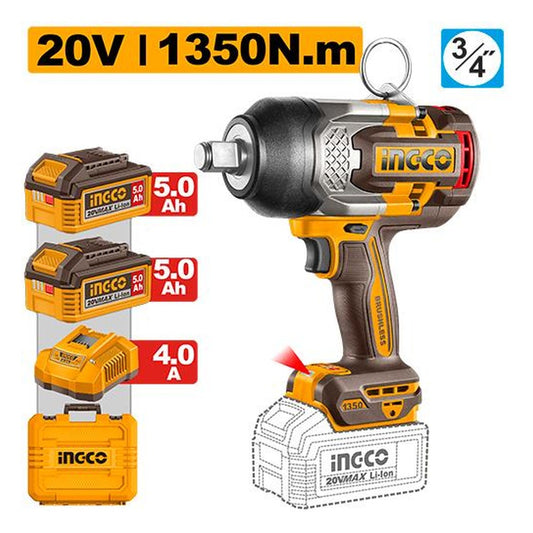 INGCO Cordless Impact Wrench 20V Brushless 1350Nm 3/4in 2Batt 5Ah+Char CIWLI201356