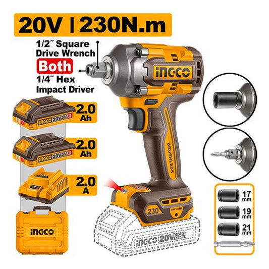 INGCO Cordless 2-in-1 Impact Wrench & Driver 20V Brushless 230Nm 2Batt 2Ah+Char CIWLI20236