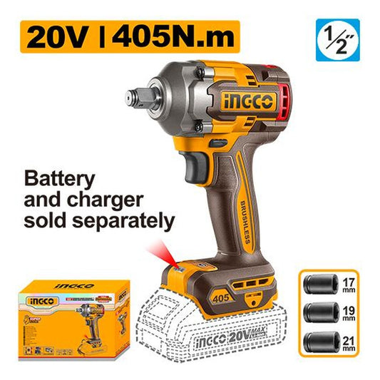 INGCO Cordless Impact Wrench 20V Brushless 405Nm 1/2in Bare Tool CIWLI20451
