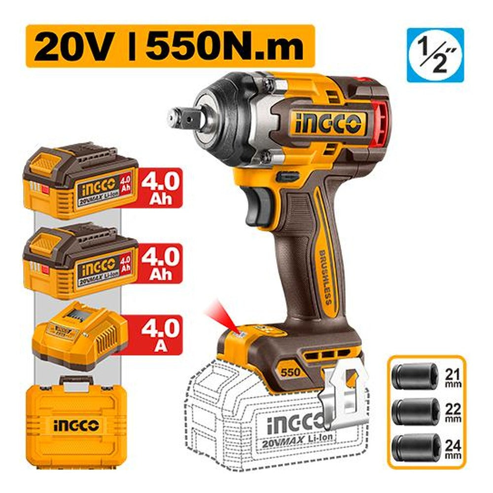 INGCO Cordless Impact Wrench 20V Brushless 550Nm 1/2in 2Batt 4Ah+Char CIWLI2055