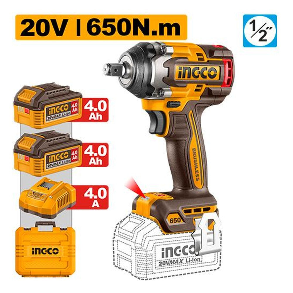 INGCO Cordless Impact Wrench 20V Brushless 650Nm 1/2in 2Batt 4Ah+Char CIWLI2065