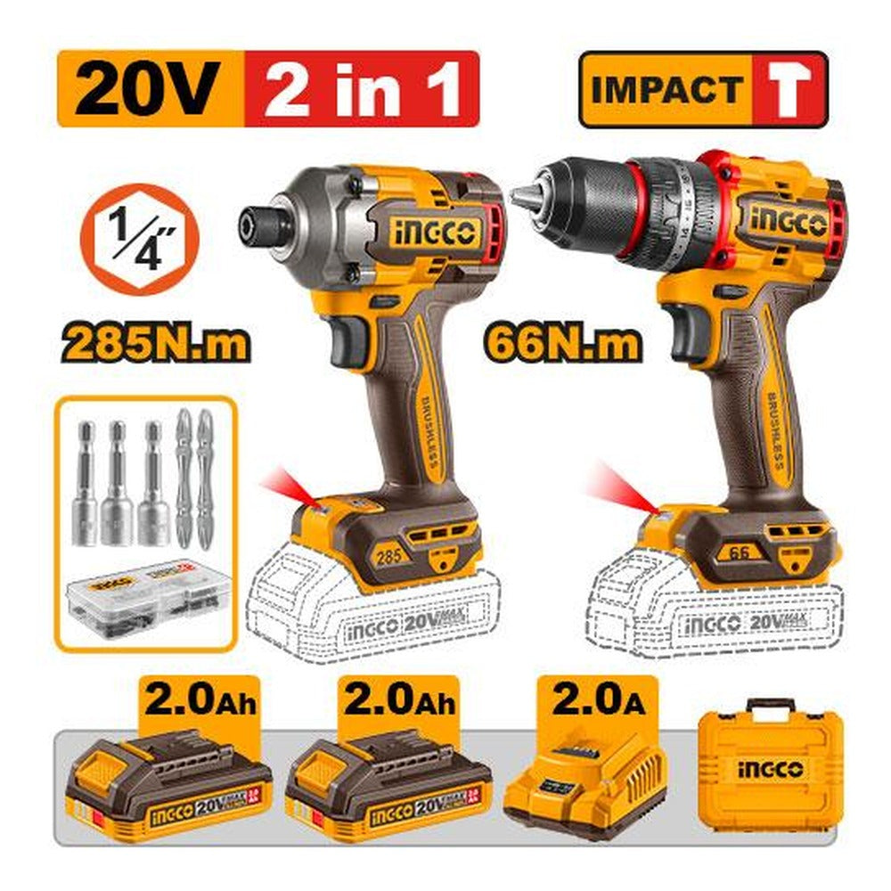 INGCO Cordless Impact Drill 66Nm & Impact Driver Combo Kit 20V Brushless 2Batt 2Ah+Char CKLI20277