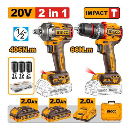 INGCO Cordless Impact Drill 66Nm & Impact Wrench 405Nm Combo Kit 20V Brushless 2Batt 2Ah+Char CKLI20286