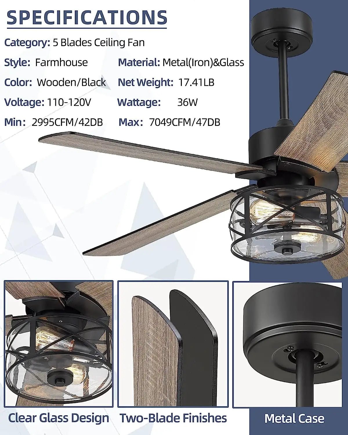 GS2357B - 3L 52 - Inch Industrial Farmhouse Ceiling Fan with Light - Ceiling Fan with Light - Aura Lighting - Azar Group