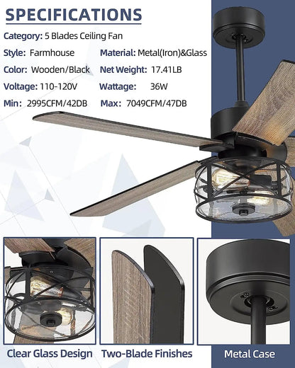 GS2357B - 3L 52 - Inch Industrial Farmhouse Ceiling Fan with Light - Ceiling Fan with Light - Aura Lighting - Azar Group