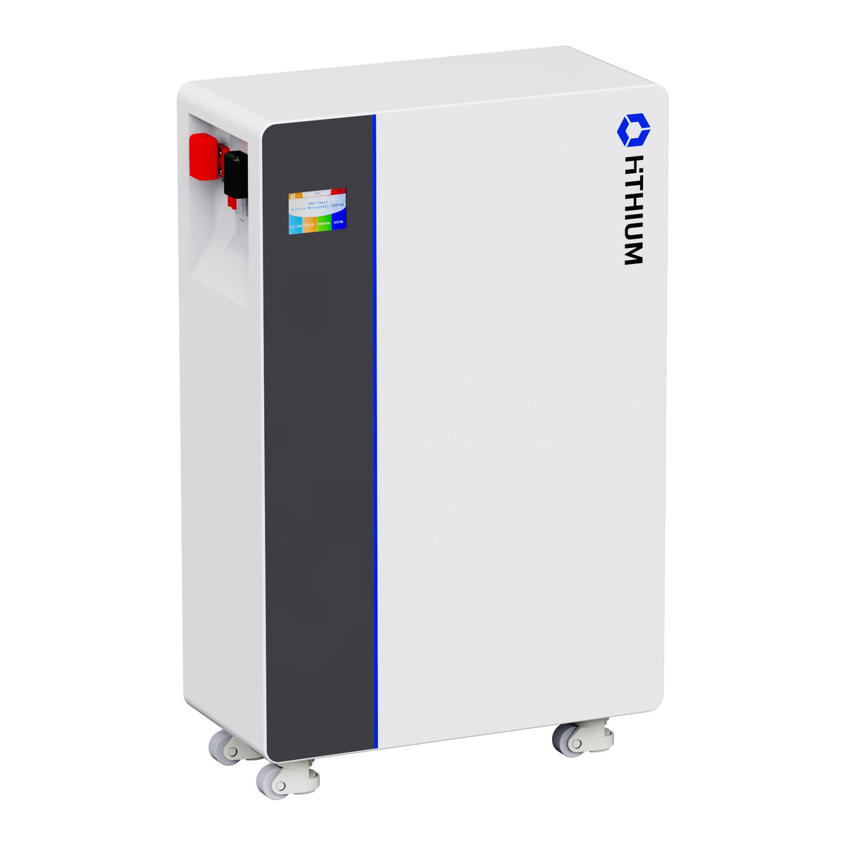 Hithium HeroEE 16 16kWh battery, angled view with red power switch