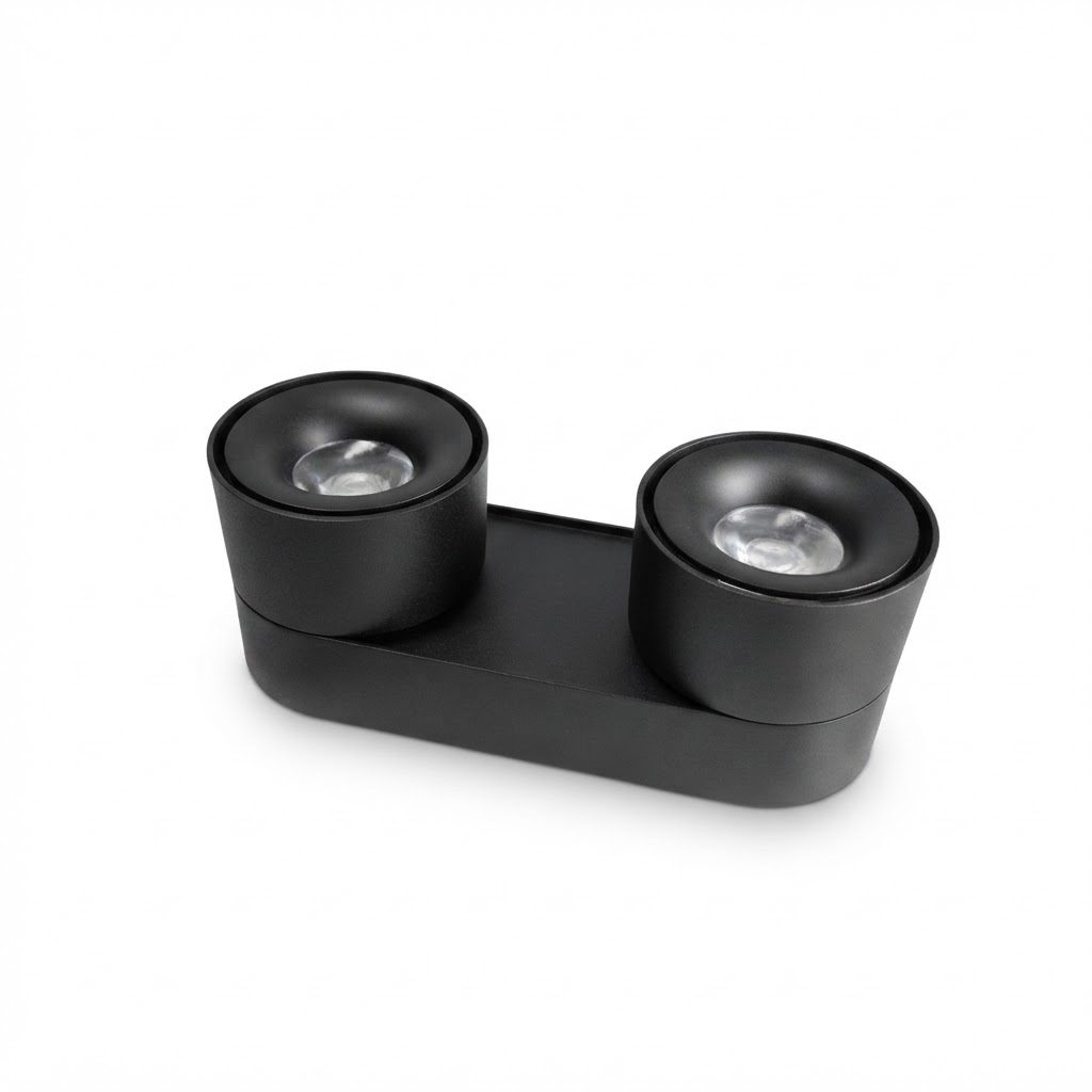 Aura Spotlight 12B021-2 20W 3000K black twin-head LED surface spotlight on white background