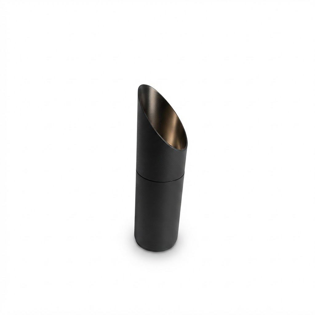 Aura Spotlight 670-H200 matte black cylindrical LED surface spotlight with gold interior on white background