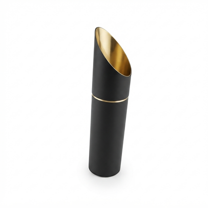 Aura Spotlight 670-H250 matte black cylindrical LED surface spotlight with gold interior on white background