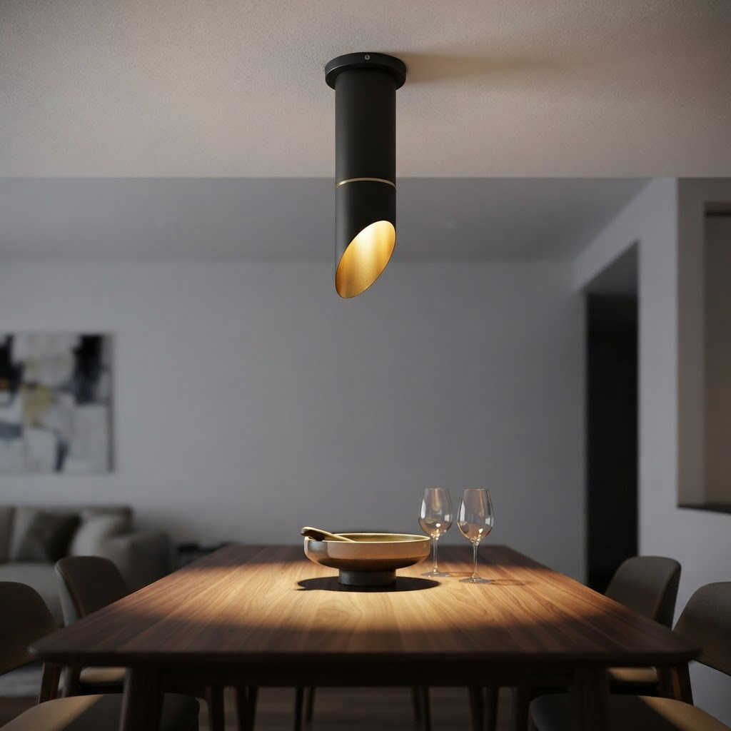 Aura Spotlight 670-H250 mounted above a dining table in a contemporary apartment
