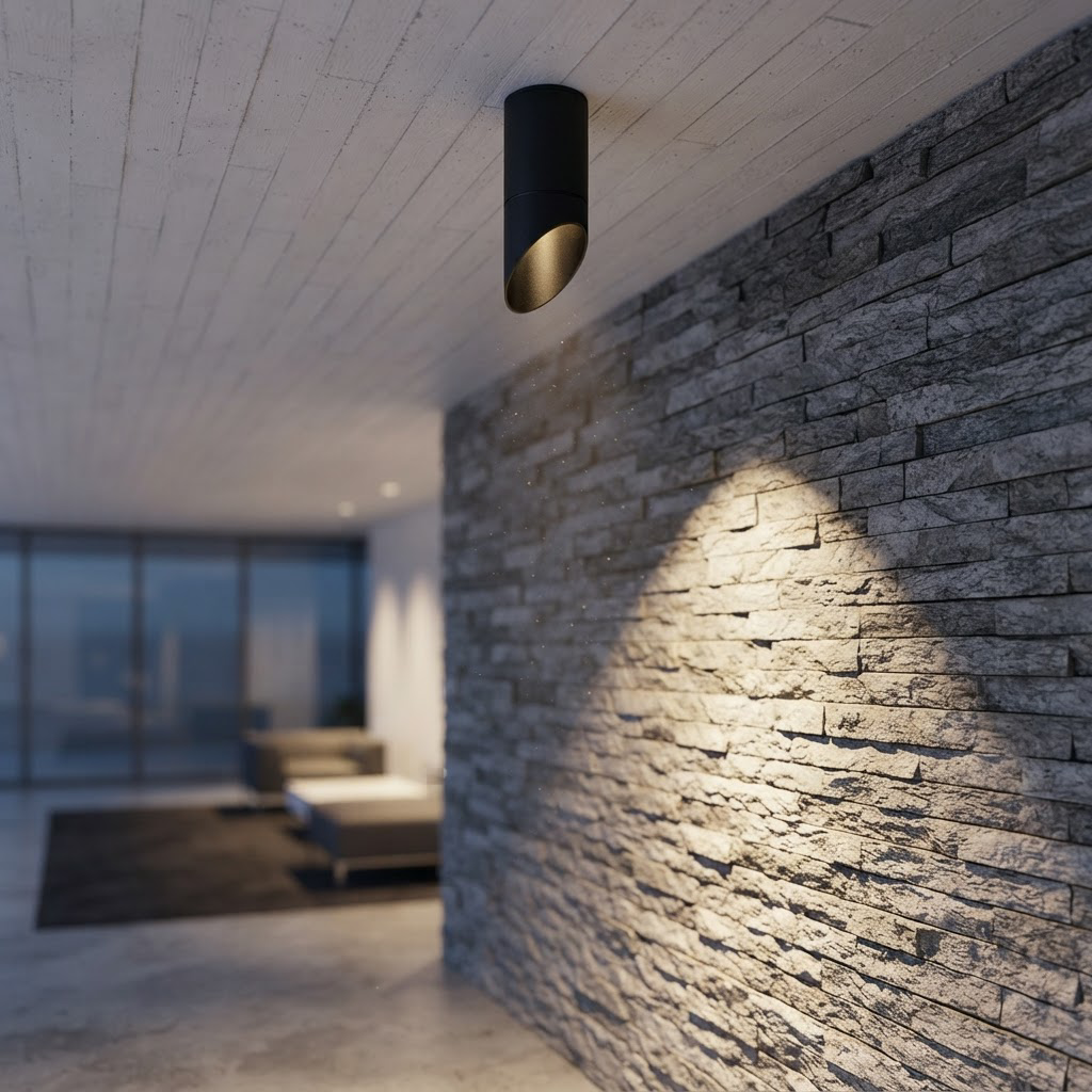 Aura Spotlight 670-H200 mounted on an office lobby ceiling lighting a feature wall