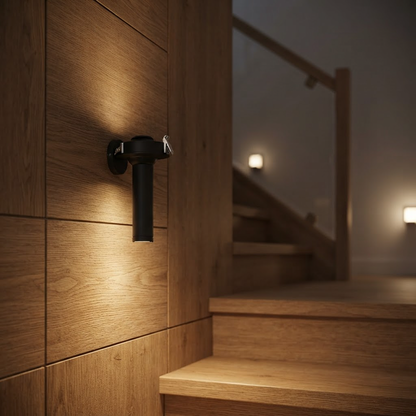 Aura Finger Light 12C021-H100MM mounted on an oak panelled staircase wall