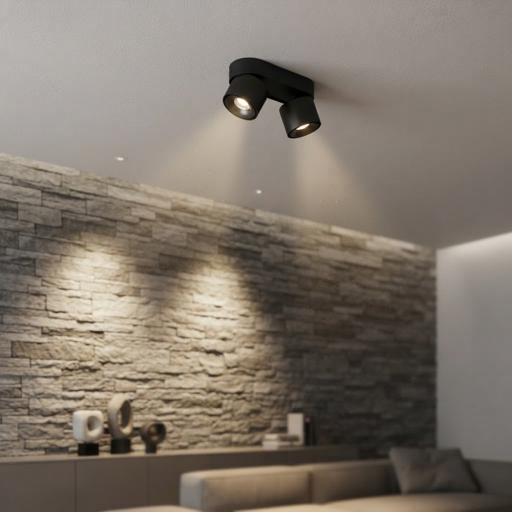 Aura Spotlight 12B021-2 installed on a living room ceiling lighting a stone feature wall
