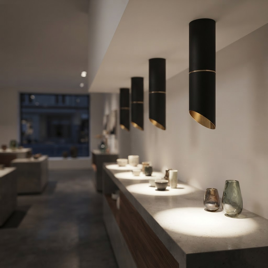 Aura Spotlight 670-H300 row of ceiling spotlights in a modern showroom