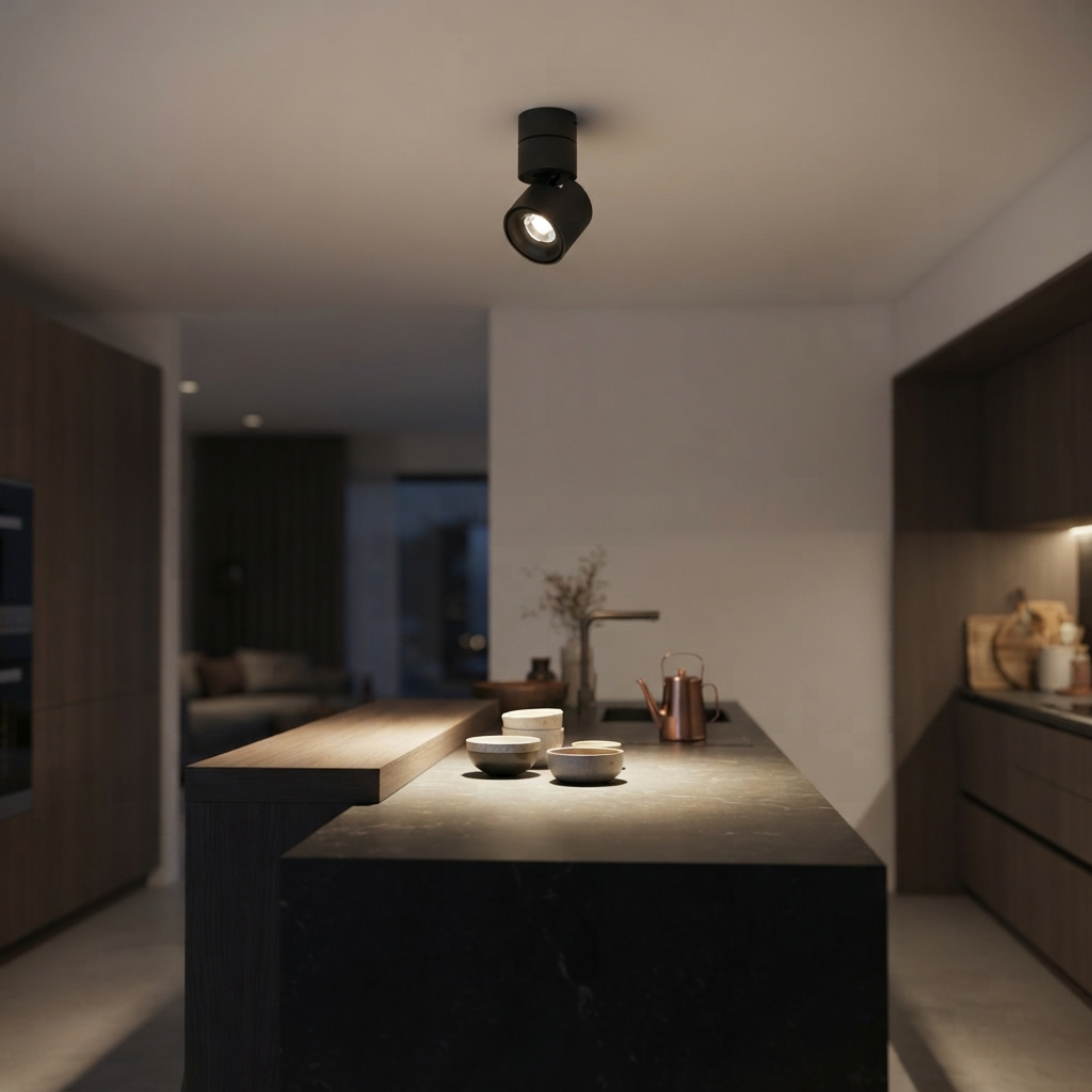 Aura Spotlight 12B021-1 mounted above a modern kitchen island