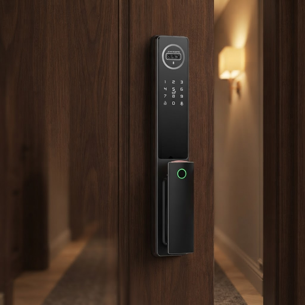 VEM D1 smart door lock with 3D face camera fitted to a wooden apartment entrance door