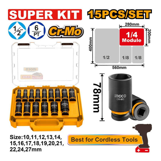 INGCO Deep Impact Socket Set 15pcs 1/2in 10-27mm HKISSD12158L