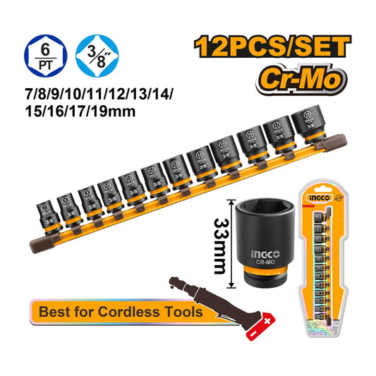 INGCO Impact Socket Set 12pcs 3/8in 7-19mm HKISSD38126