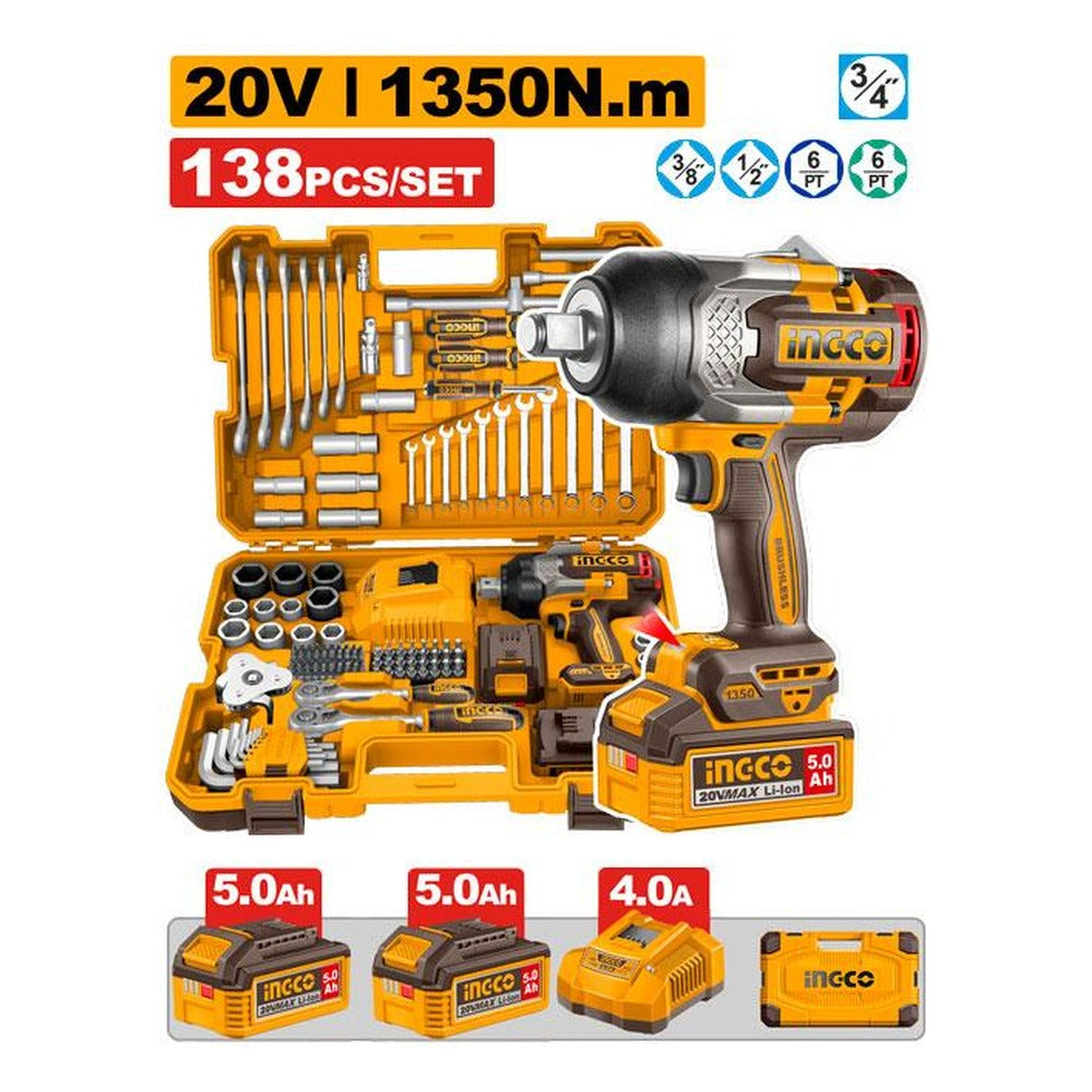 INGCO Cordless Impact Wrench Tool Set 138pcs 20V 1350Nm Brushless 3/4in HKTHP41383
