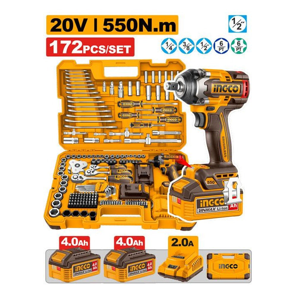 INGCO Cordless Impact Wrench Tool Set 172pcs 20V 550Nm Brushless 1/2in HKTHP41723