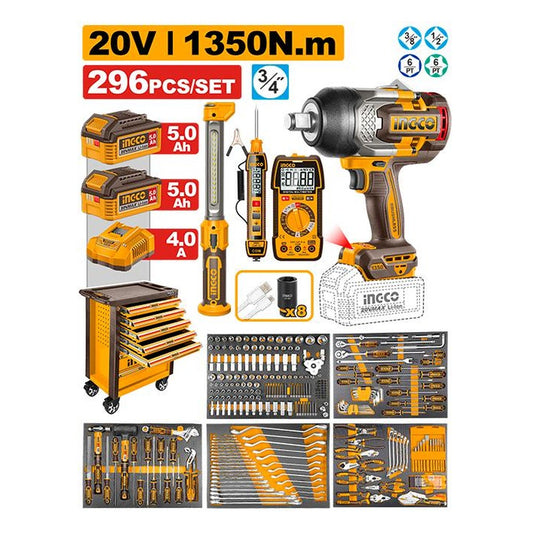 INGCO Mechanic Tool Cabinet 296pcs 7 Drawers with Cordless Impact Wrench 1350N.m HTCS282962