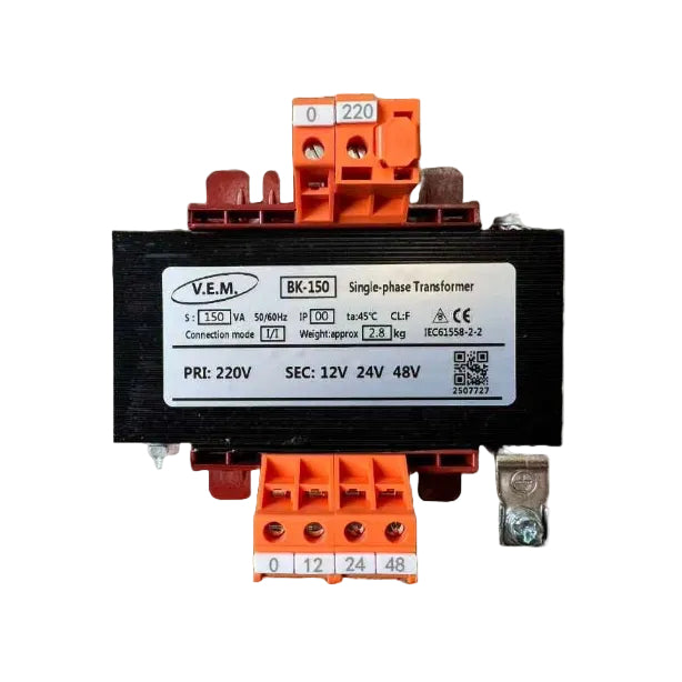 Single-phase transformer with V.E.M. branding on a white background