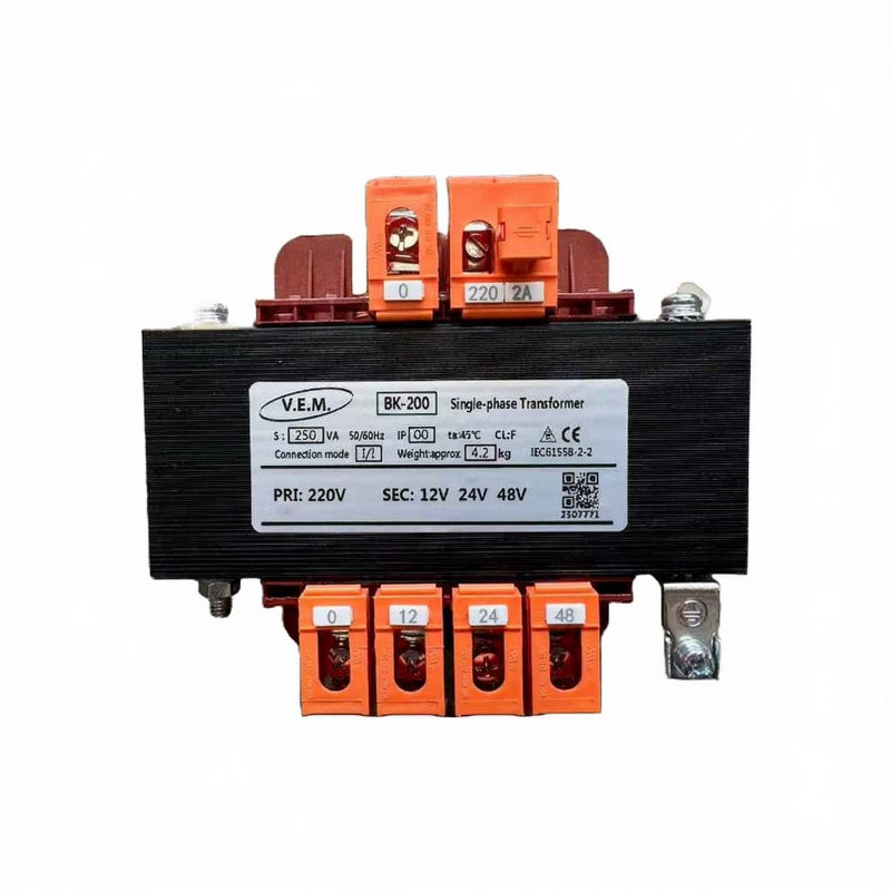 V.E.M. BK-200 single-phase transformer with labeled terminals on a white background