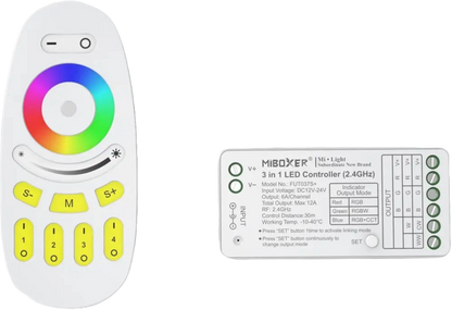 Aura RGB+CCT LED Strip Dimmer & Controller (12V / 24V, 6A Load, 30m Remote Range)
