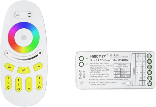 Aura RGB+CCT LED Strip Dimmer & Controller (12V / 24V, 6A Load, 30m Remote Range)