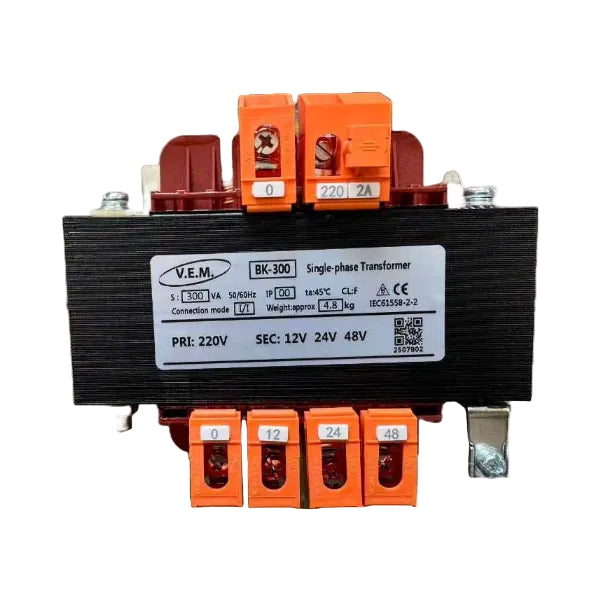Single-phase transformer with orange connectors and label on a white background