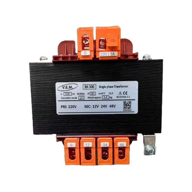 Transformer with V.E.M branding and multiple voltage settings on a white background
