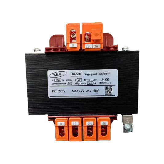 Transformer with V.E.M branding and multiple voltage settings on a white background