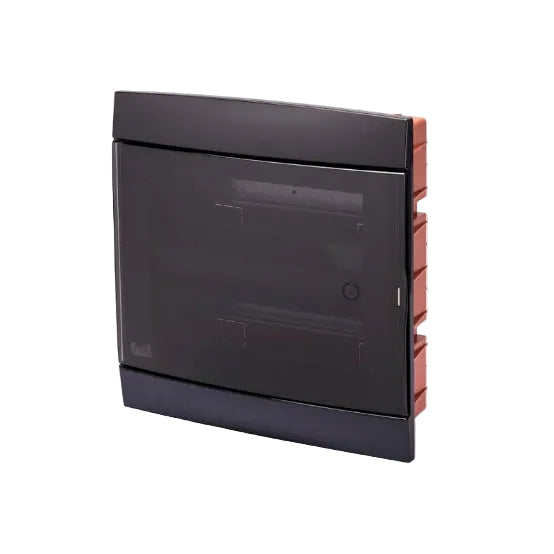 A black electrical distribution board enclosure with a transparent front door and a copper-colored side frame, shown on a plain white background.