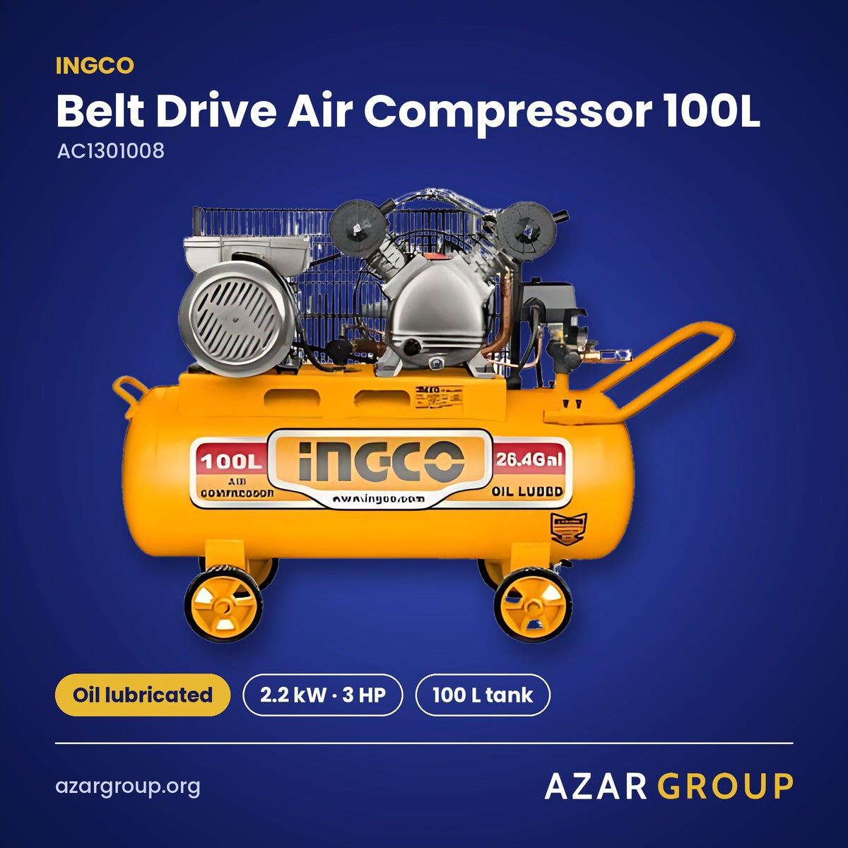INGCO AC1301008 Belt Drive Air Compressor 100L – Oil lubricated, 2.2 kW · 3 HP, 100 L tank