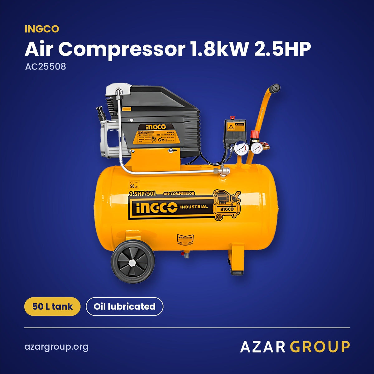 INGCO AC25508 Air Compressor 1.8kW 2.5HP – 50 L tank, Oil lubricated