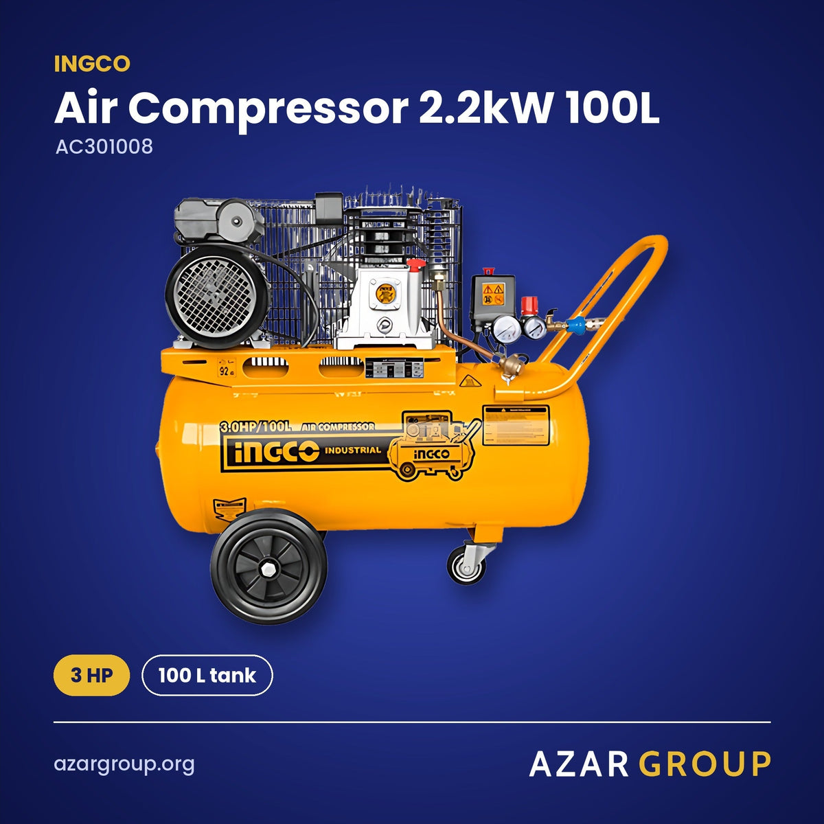 INGCO AC301008 Air Compressor 2.2kW 100L – 3 HP, 100 L tank