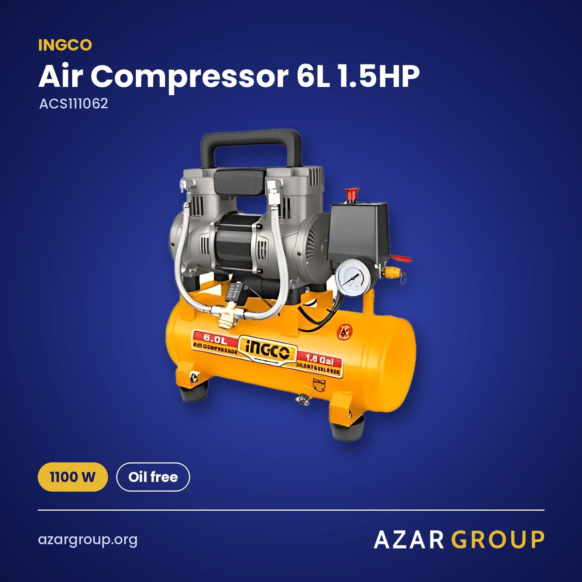 INGCO ACS111062 Air Compressor 6L 1.5HP – 1100 W, Oil free