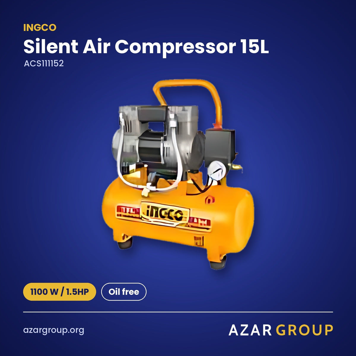 INGCO ACS111152 Silent Air Compressor 15L – 1100 W / 1.5HP, Oil free