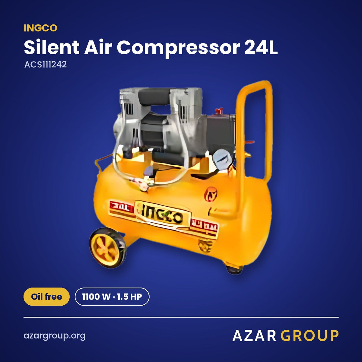 INGCO ACS111242 Silent Air Compressor 24L – Oil free, 1100 W · 1.5 HP