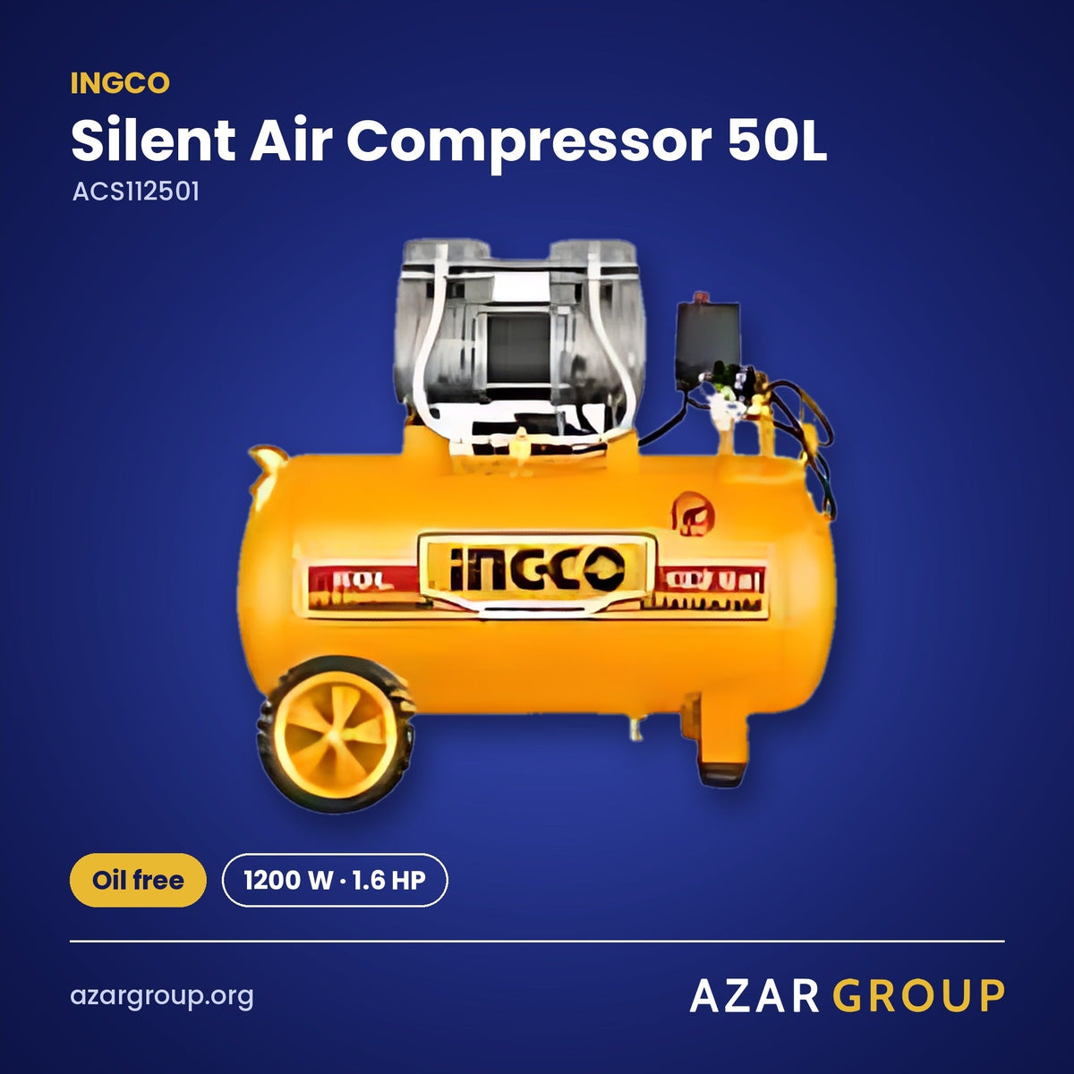 INGCO ACS112501 Silent Air Compressor 50L – Oil free, 1200 W · 1.6 HP