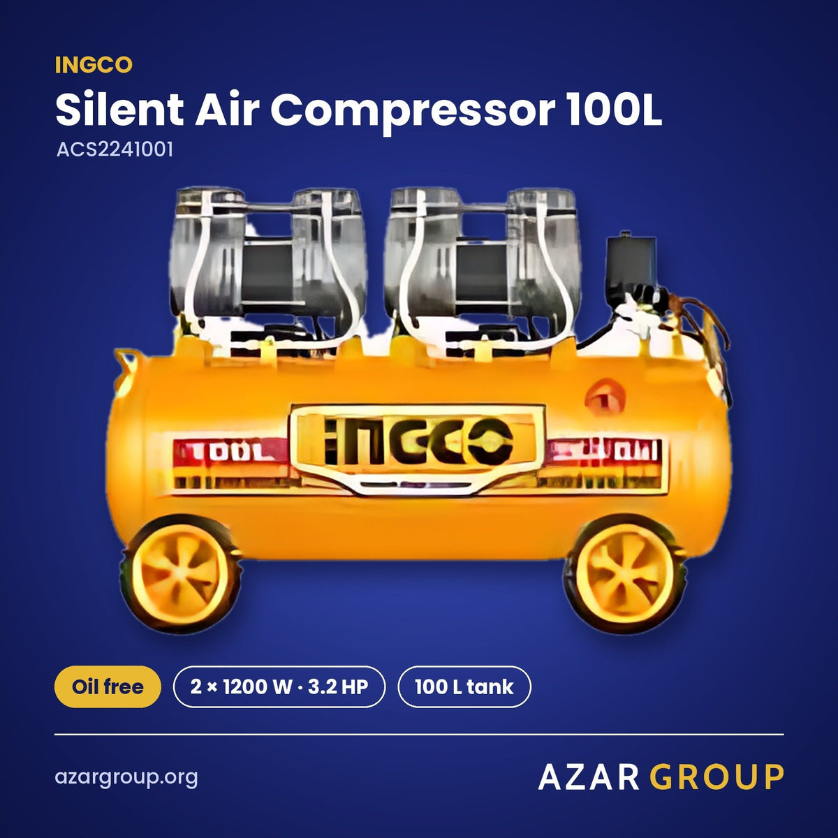 INGCO ACS2241001 Silent Air Compressor 100L – Oil free, 2 × 1200 W · 3.2 HP, 100 L tank