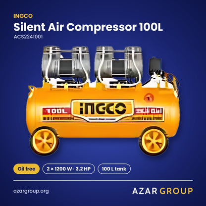 INGCO ACS2241001 Silent Air Compressor 100L – Oil free, 2 × 1200 W · 3.2 HP, 100 L tank