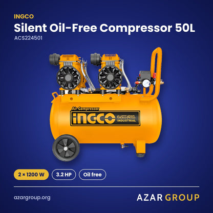 INGCO ACS224501 Silent Oil-Free Compressor 50L – 2 × 1200 W, 3.2 HP, Oil free