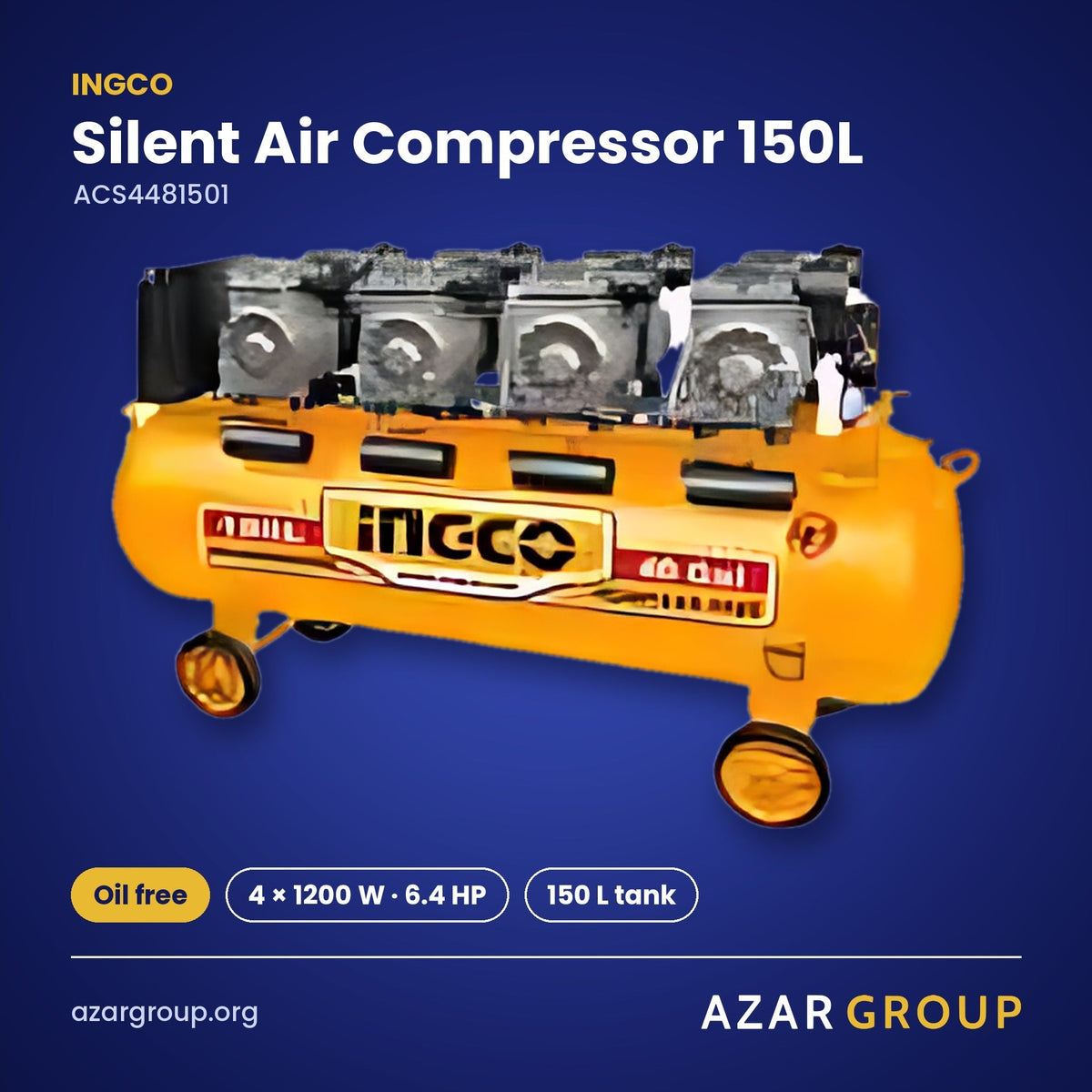 INGCO ACS4481501 Silent Air Compressor 150L – Oil free, 4 × 1200 W · 6.4 HP, 150 L tank